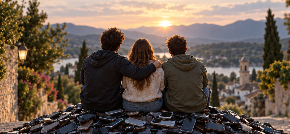 Tres personas abrazadas contemplan un atardecer, sentadas sobre una montaña de teléfonos: la imagen de People ON.