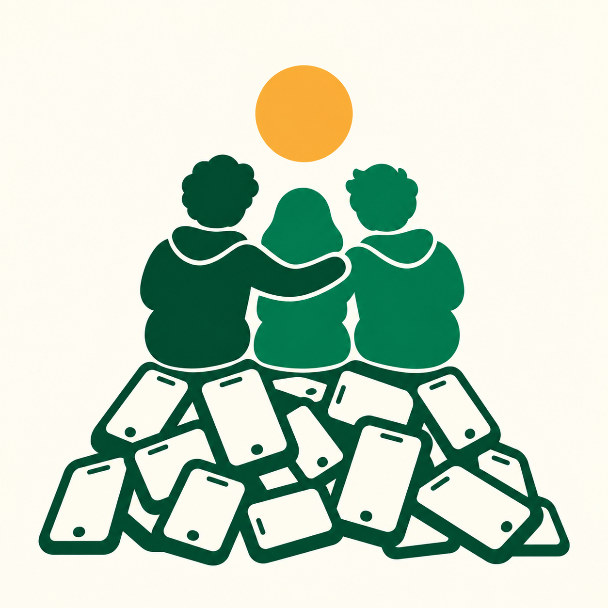 Emblema de People ON: tres personas abrazadas sobre una montaña de móviles bajo el sol.